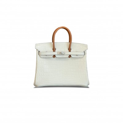 HERMÈS MASTER BIRKIN 25 CROCODILE LEATHER MILKSHAKE WHITE AND SADDLE LEATHER SILVER BUCKLE H041354CK46 (25*20*13cm)